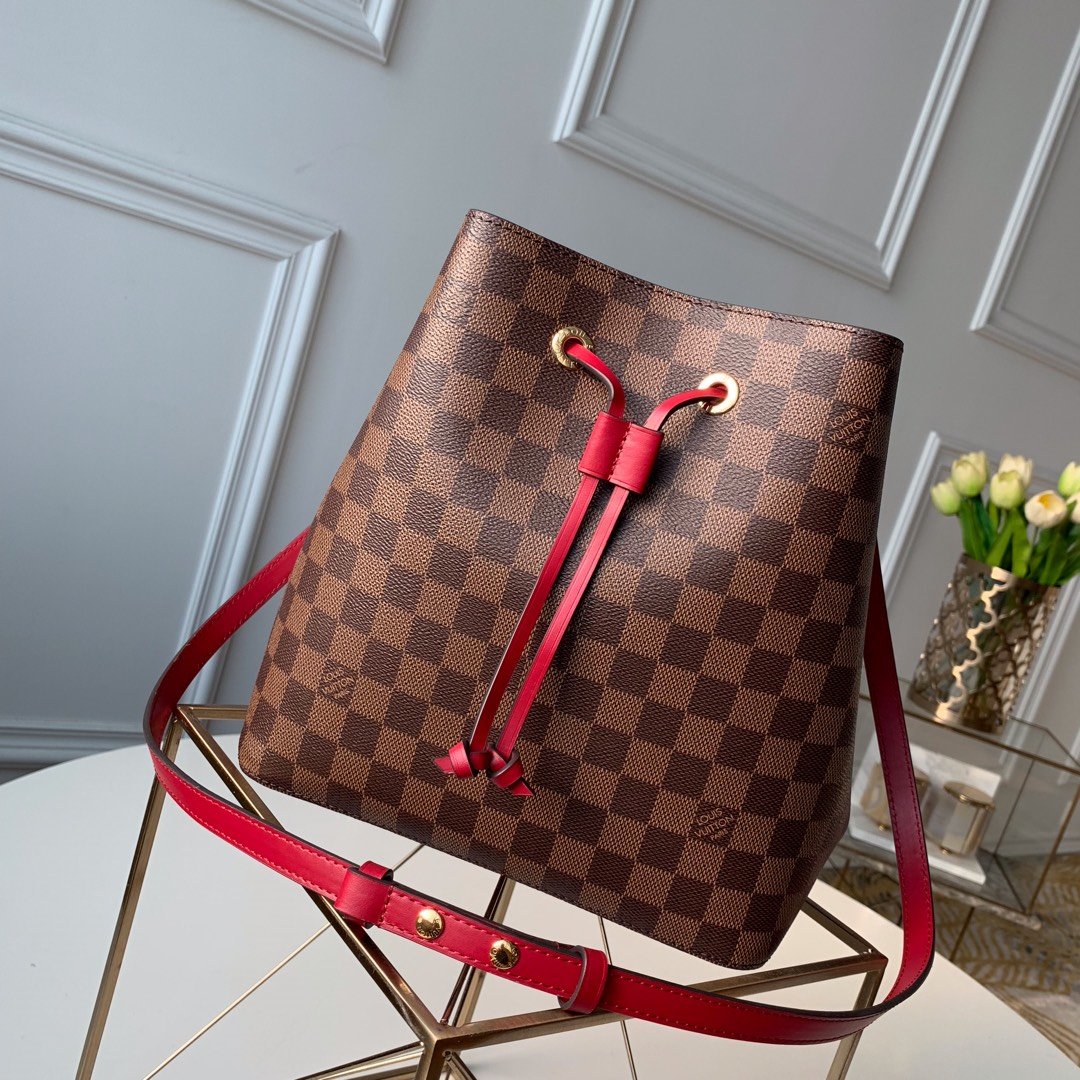 LV NeoNoe MM Bucket Bag Damier Ebene Canvas Cherry Berry For Women,  Shoulder And Crossbody Bags 10.2in/26cm LV N40214