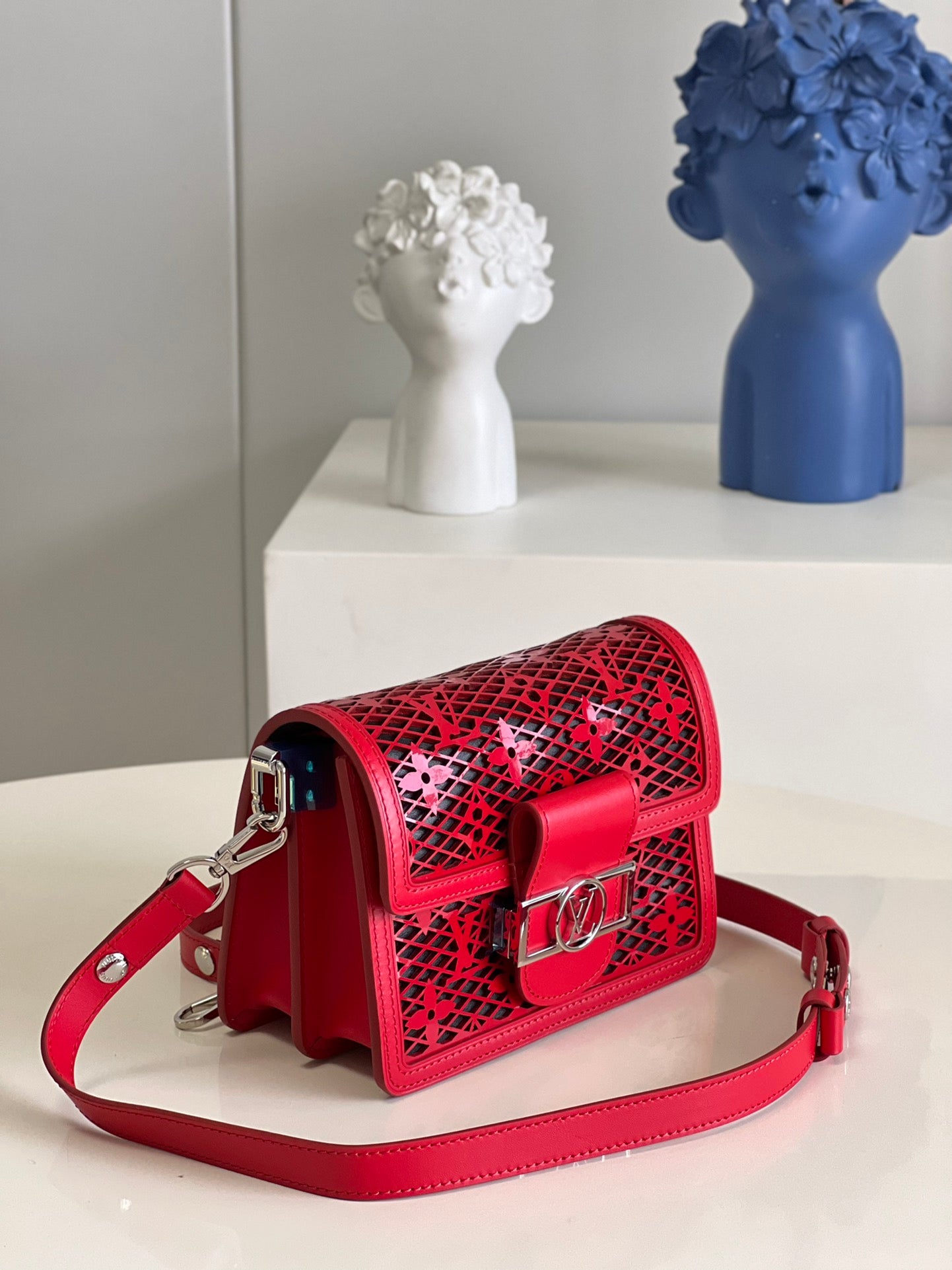 LV Limited Dauphine MM Bags By Nicolas Ghesquière With Monogram Lace Red For Women 25cm LV