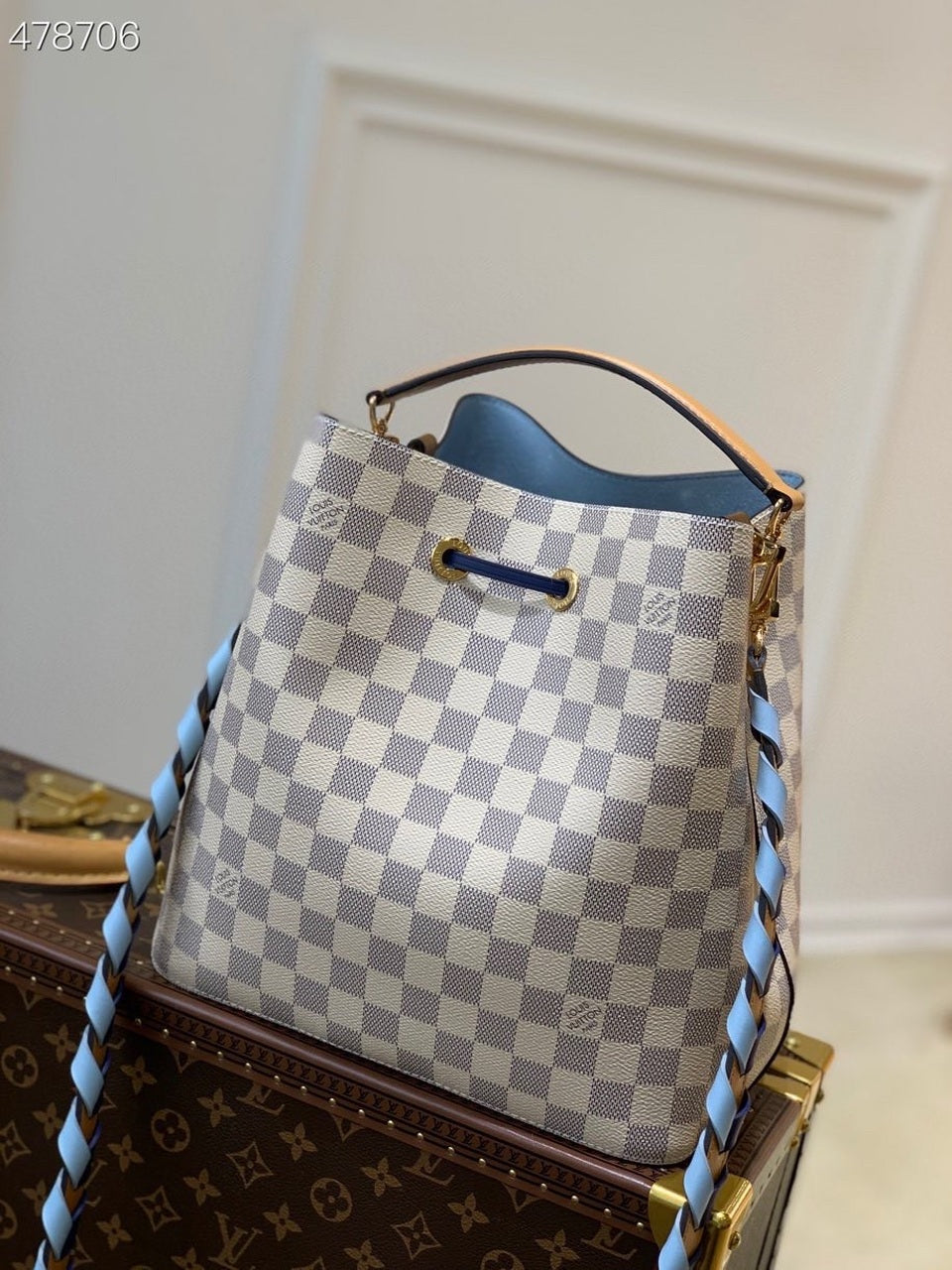 LV NeoNoe Bucket Bag MM Damier Azur Canvas 10.2in/26cm Blue For Women LV N50042