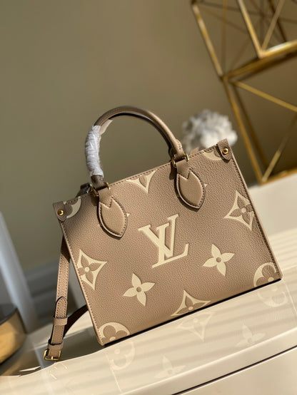 LV OnTheGo PM Tote Bag Monogram Empreinte Beige/Cream For Women, Women’s Handbags, Shoulder And Crossbody Bags 9.8in/25cm LV M45779