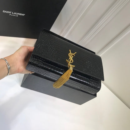 YSSL Kate Medium Chain Bag With Tassel In Embossed Crocodile Black For Women 9.4in/24cm YSL 354119DND0J1000