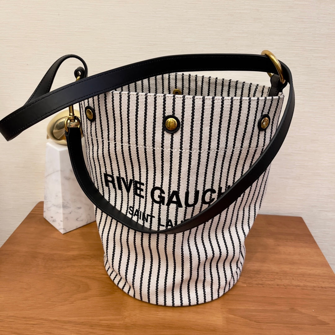 YSSL Rive Gauche Bucket Bag In Striped Canvas For Women 11.8in/30cm Black And White YSL 669299FAAE59583