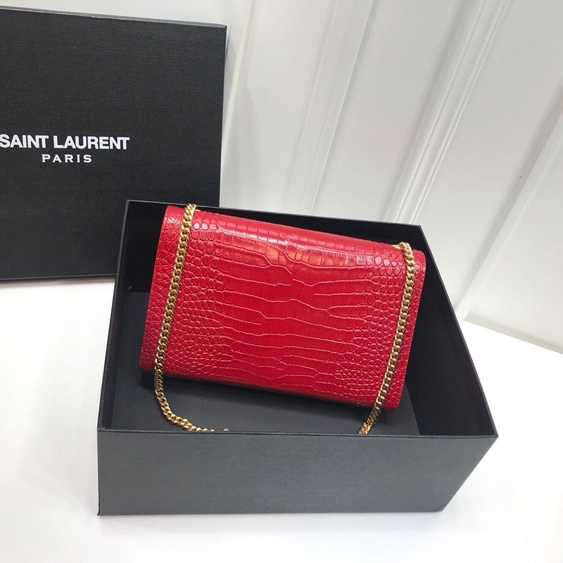 YSSL Kate Medium Chain Bag With Tassel In Embossed Crocodile Red For Women 9.4in/24cm YSL