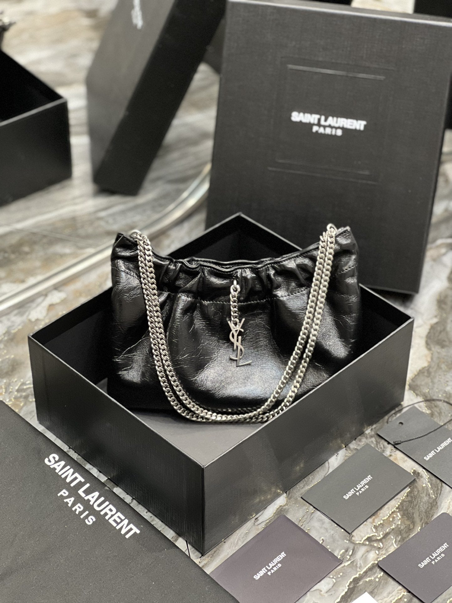 YSSL Hobo Mini Bag Black With Silver Hardware For Women 9.4in/24cm YSl