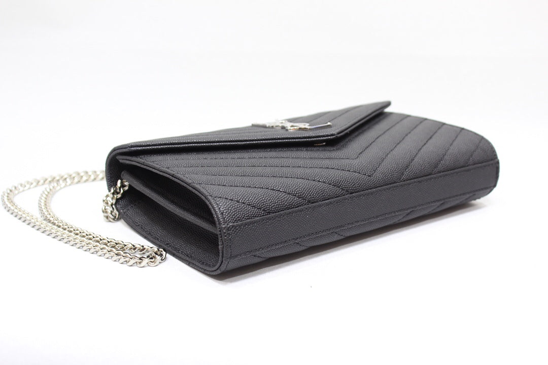 YSSL Cassandre Matelassé Chain Wallet In Grain De Poudre Embossed Black For Women 8.8in/23cm YSL 377828BOW021000