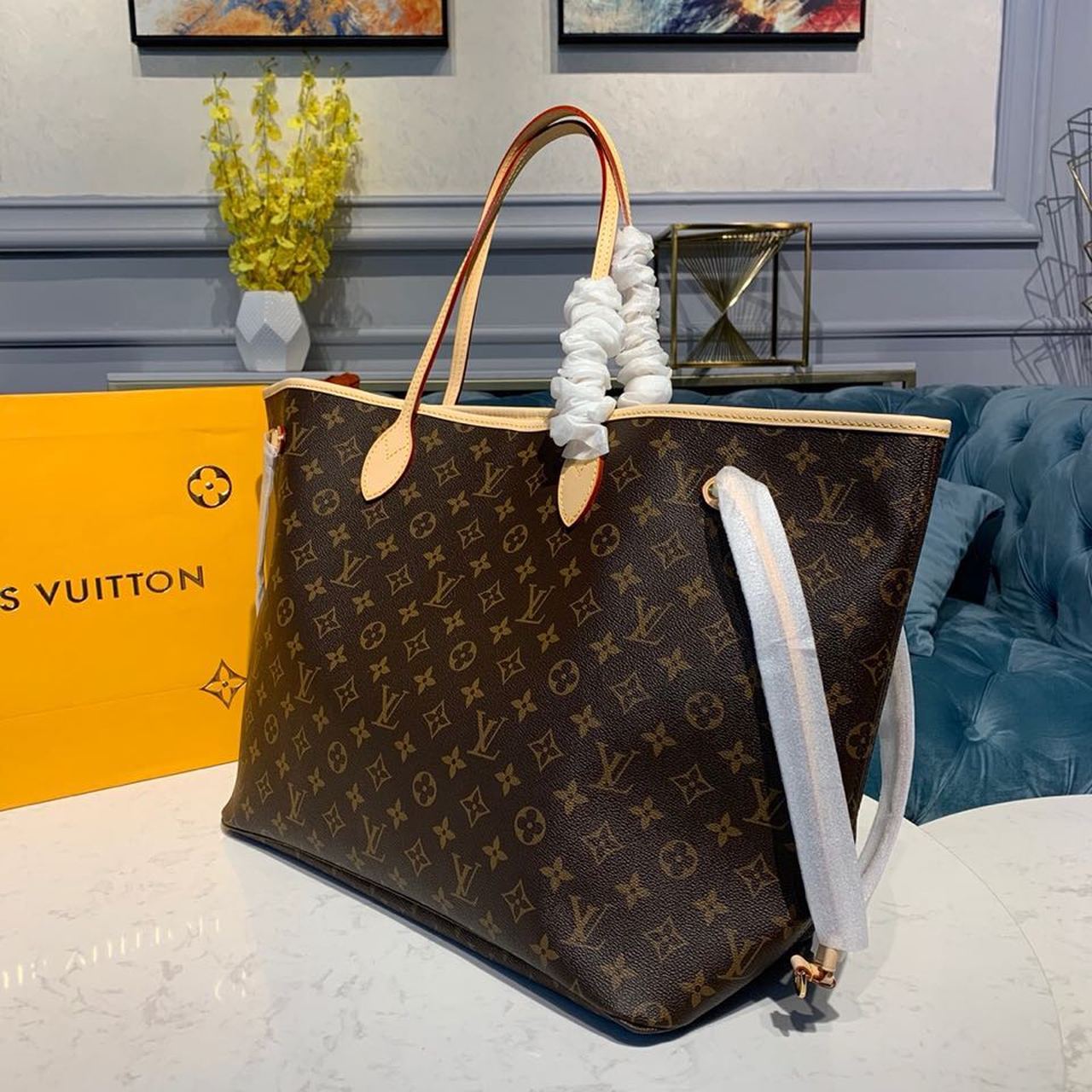 LV Neverfull GM Tote Bag Monogram Canvas Yellow For Women, Women’s Handbags, Shoulder Bags 15.7in/39cm LV M40992