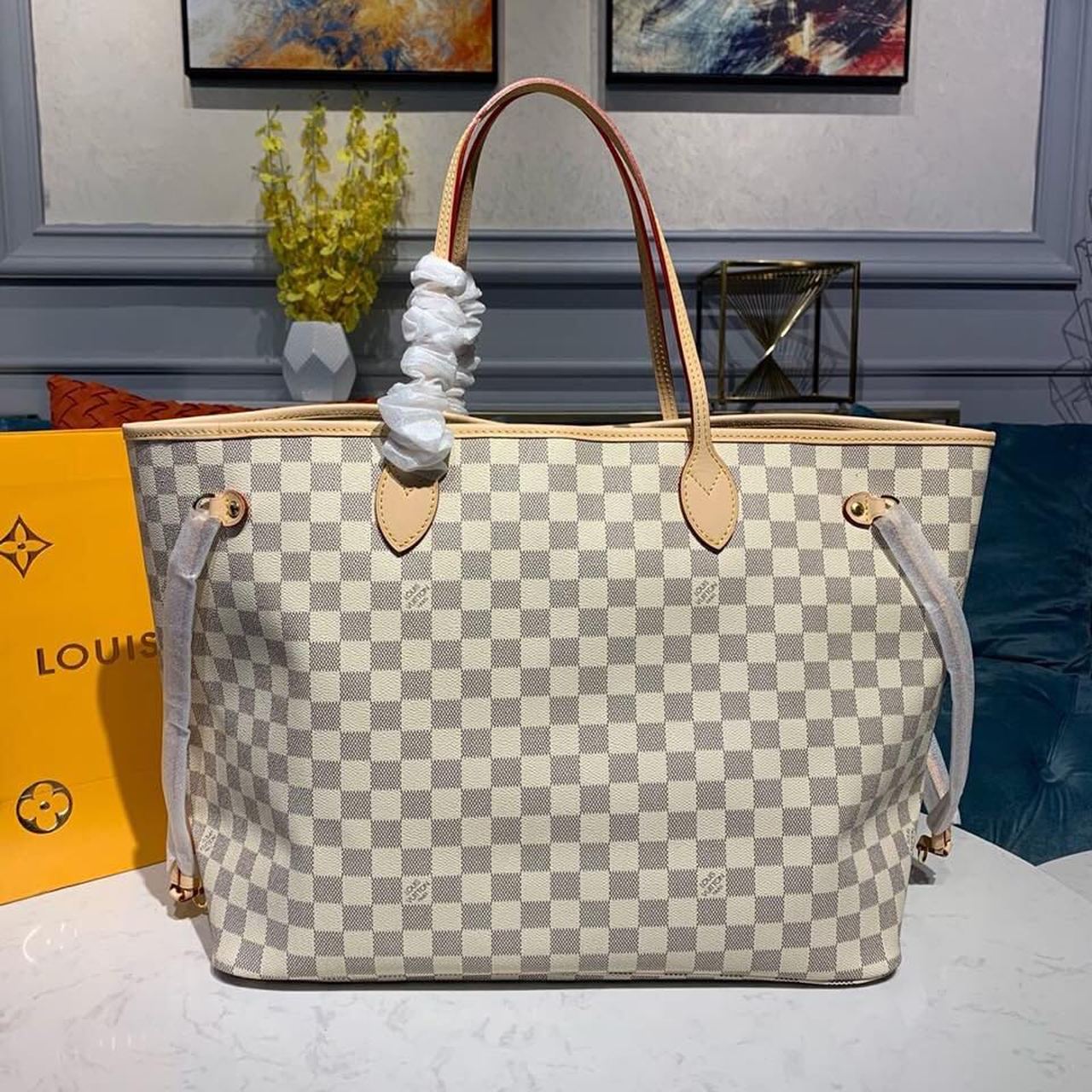 LV Neverfull GM Tote Bag Damier Azur Canvas Beige For Women,  Shoulder Bags 15.4in/39cm LV N41360