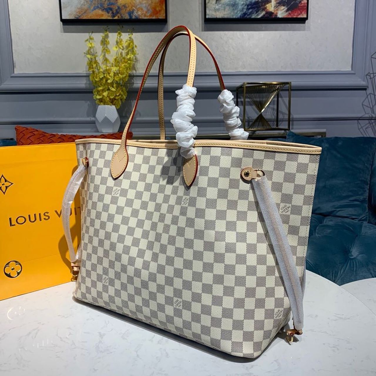 Louis Vuitton Neverfull GM Tote Bag Damier Azur Canvas Beige For Women, Women’s Handbags, Shoulder Bags 15.4in/39cm LV N41360