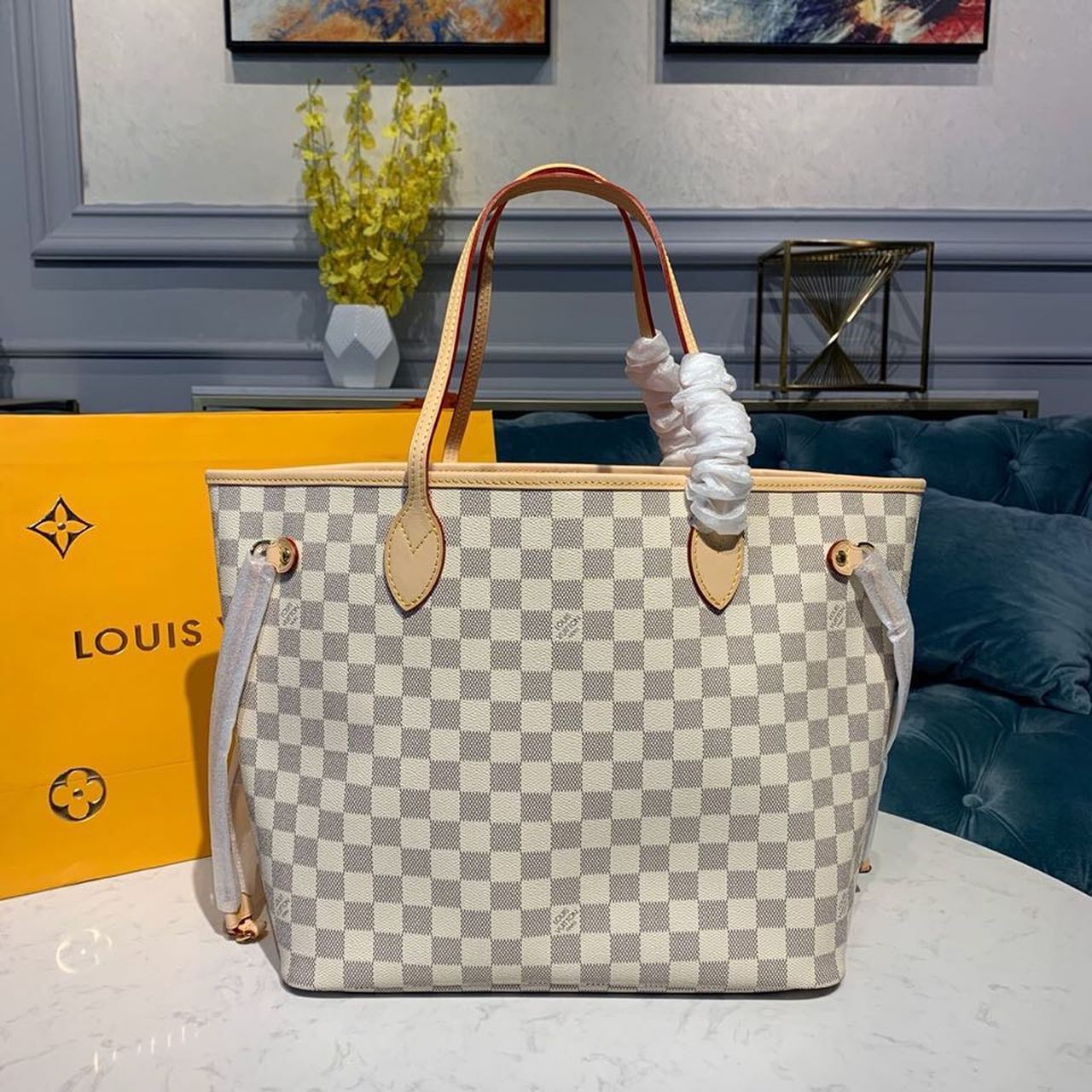 LV Neverfull MM Tote Bag Damier Azur Canvas Rose Ballerine Pink For Women, WoBags, Shoulder Bags 12.2in/31cm LV N41605