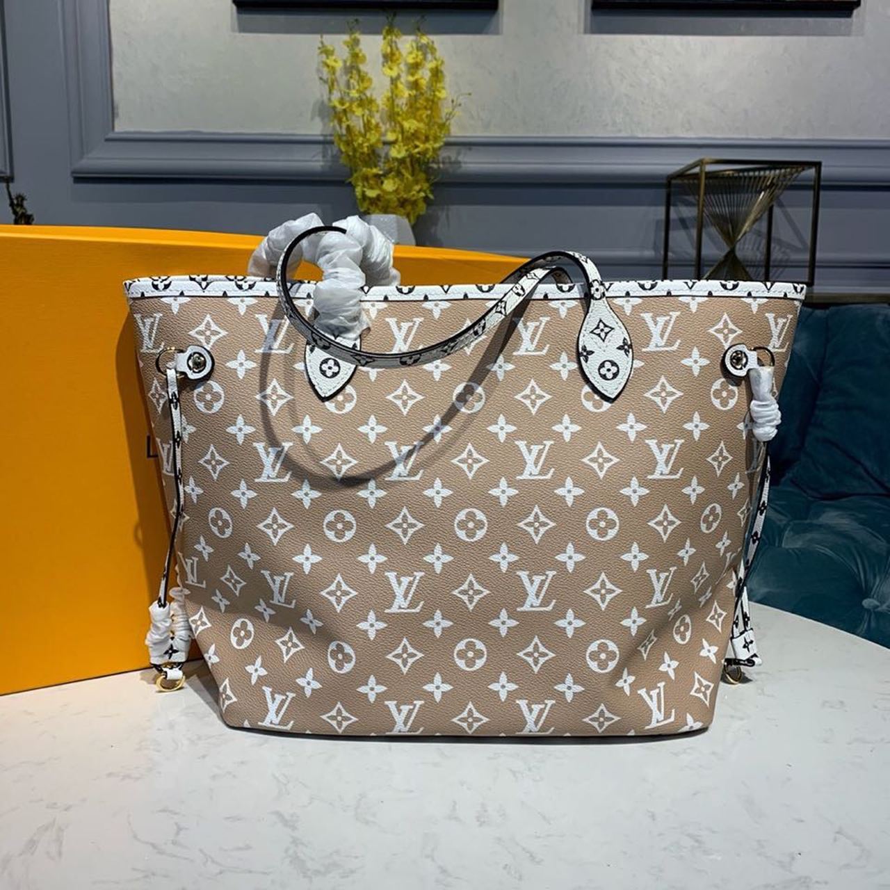 LV Neverfull MM Tote Bag Monogram Canvas Khaki/Beige For Women,  Shoulder Bags 12.2in/31cm LV M44568