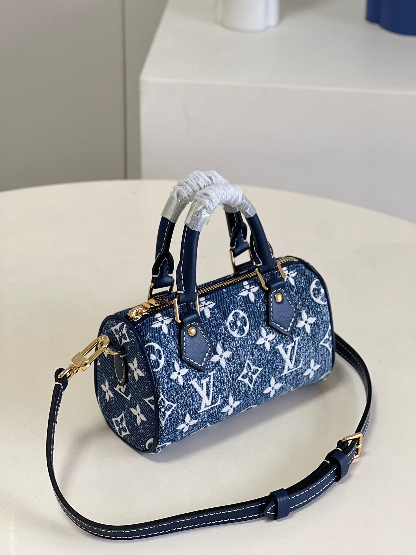 LV Nano Speedy Monogram Jacquard Denim Blue For Women, WoBags 6.3in/16cm LV M81168