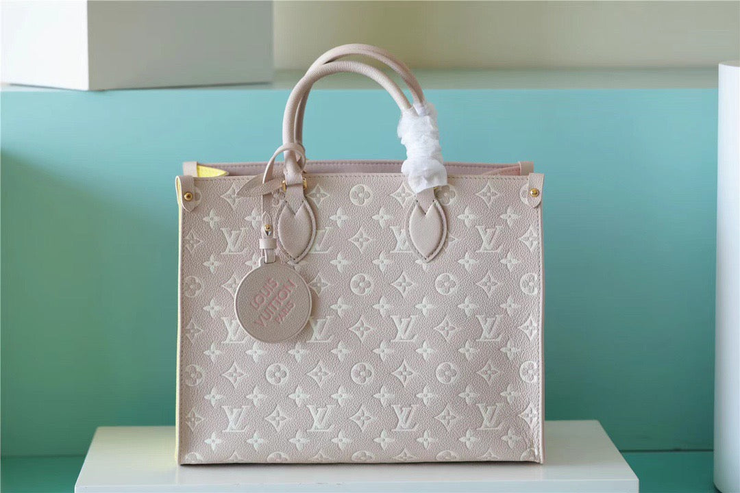 LV Onthego MM Monogram Empreinte Beige/ Pink/ Yellow For Women,  Shoulder And Crossbody Bags 35cm/13.8in LV M46128