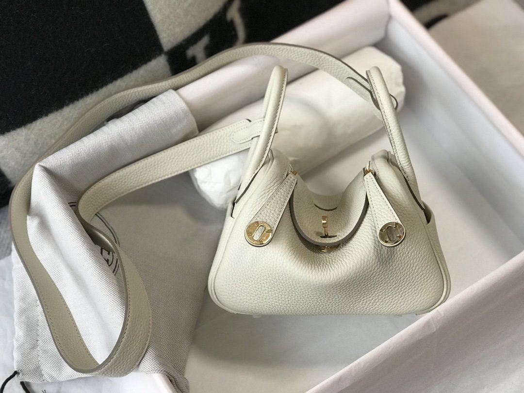 HM Lindy Mini White Togo Bag With Gold Hardware For Women, Women’s Handbags, Shoulder And Crossbody Bags 7.5in/19cm