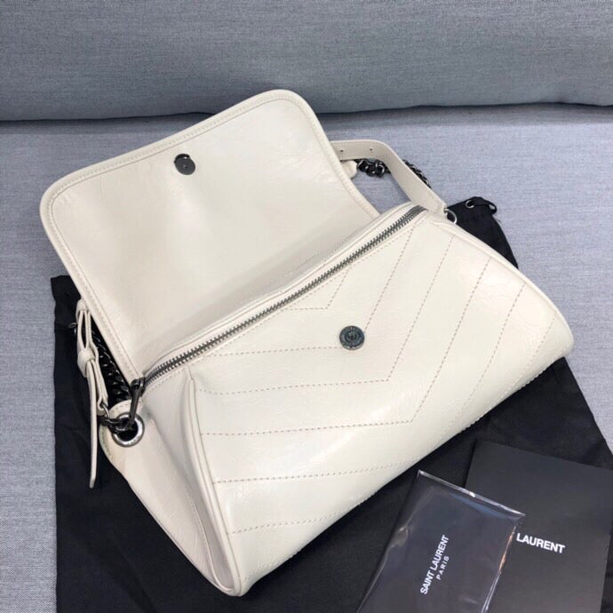 YSSL Niki Medium Crinkled Shoulder Bag White For Women 11in/28cm YSL