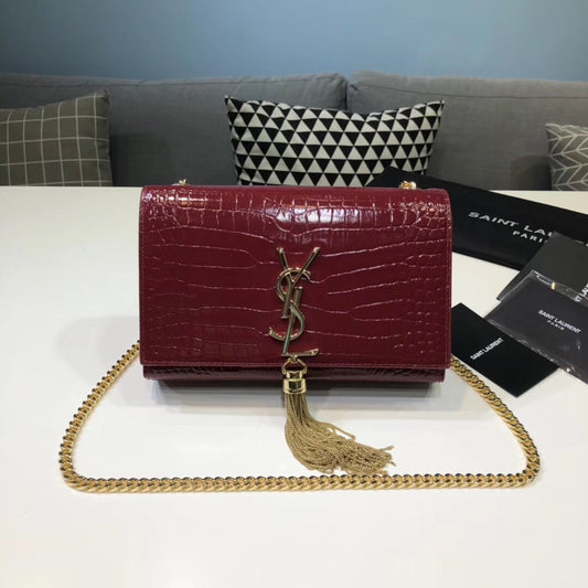 YSSL Kate Small Chain Bag With Tassel In Embossed Burgundy For Women 7.8in/20cm YSL 