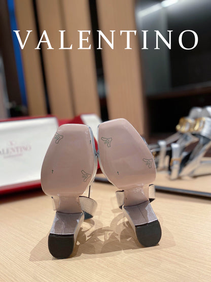 Valentino Garavani Strap Heeled Sandals With V Logo Signature Embellishment Silver For Women