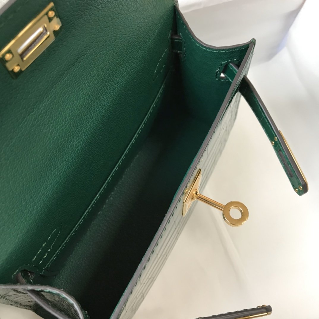 HM Mini Kelly 19 Embossed Patent Emerald Color Bag With Gold-Toned Harware For Women, Handbags, Shoulder Bags 7.5in/19cm