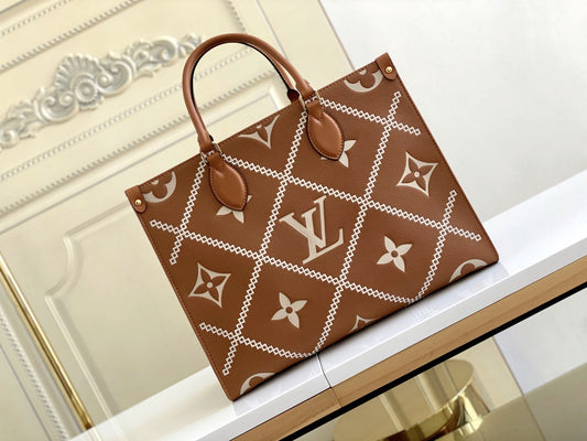 LV Onthego MM Tote Bag Monogram Empreinte Arizona Brown For Women, Women Handbags, Shoulder Bags And Crossbody Bags 13.8in/35cm LV M46015