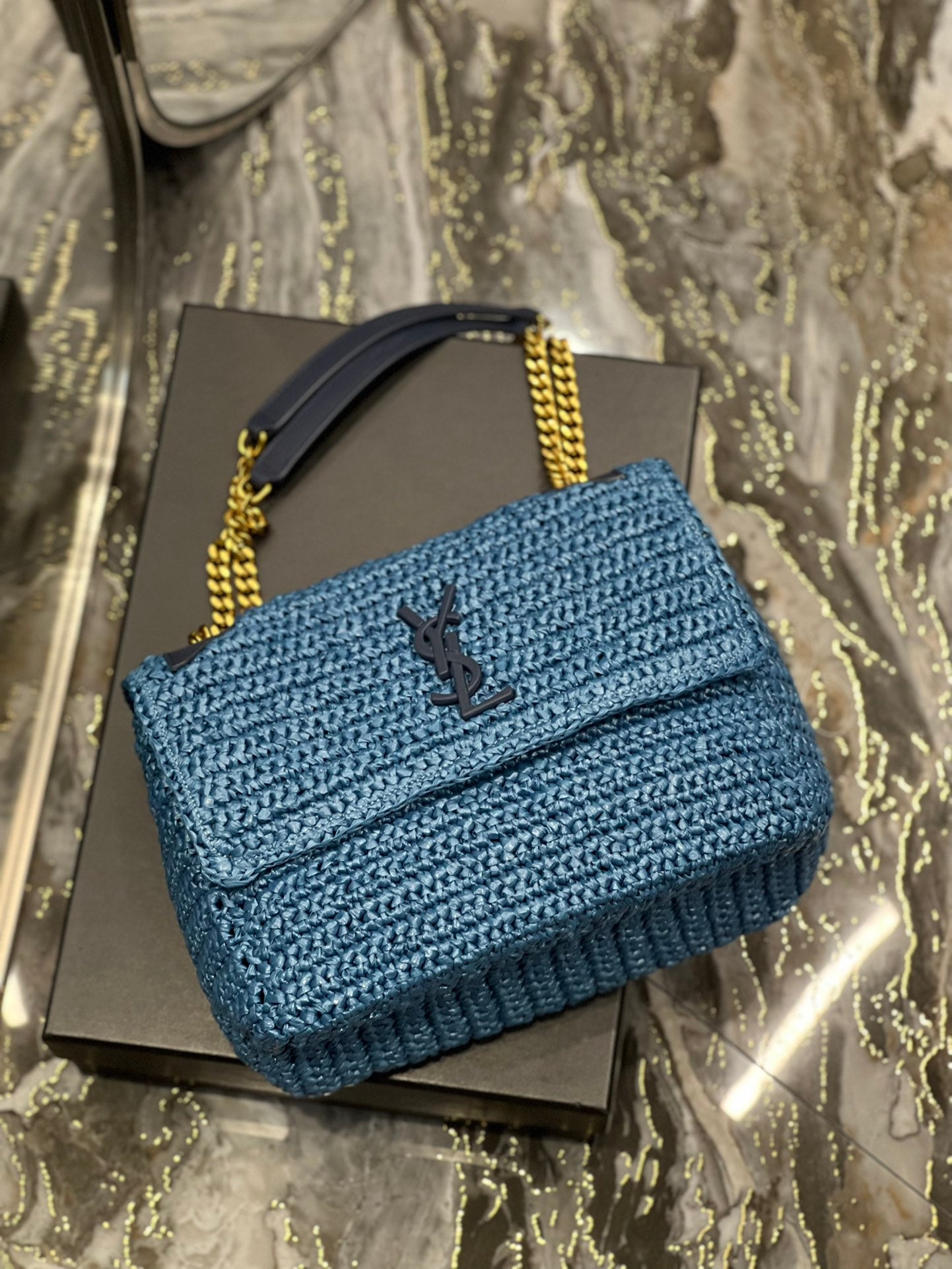 YSSL Niki Medium Chain Bag In Rafia For Women 11in/28cm Blue YSL 633187Gucci66W4246