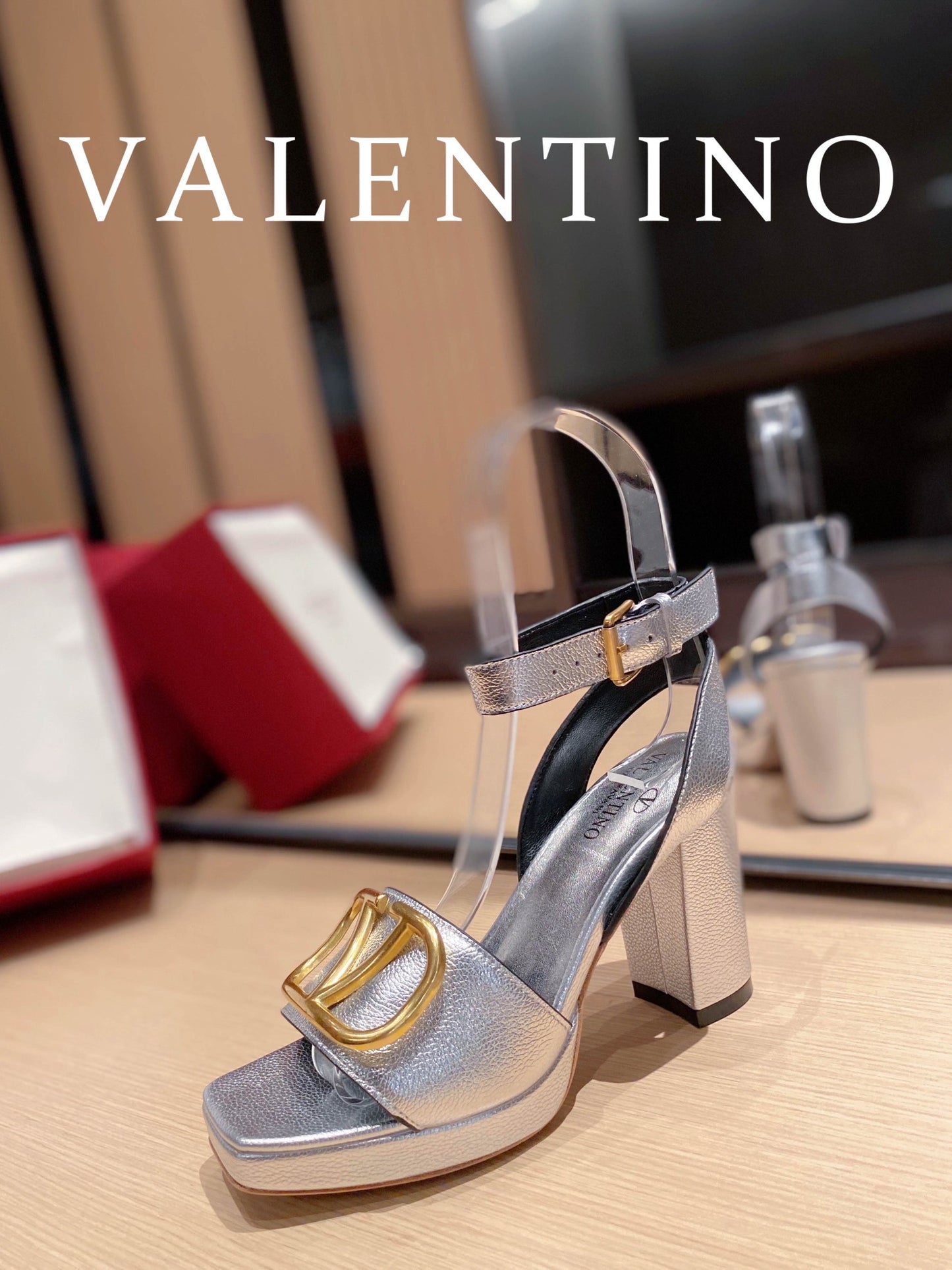 Valentino Garavani Strap Heeled Sandals With V Logo Signature Embellishment Silver For Women