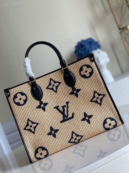 LV OnTheGo MM Tote Bag Monogram Raffia Navy Blue For Women,  Shoulder Bags 13.8in/35cm LV M57723