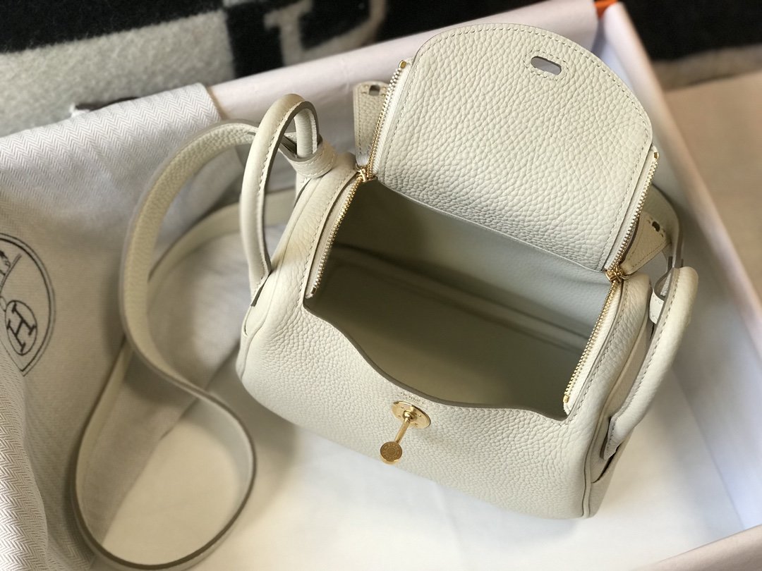 HM Lindy Mini White Togo Bag With Gold Hardware For Women, Women’s Handbags, Shoulder And Crossbody Bags 7.5in/19cm