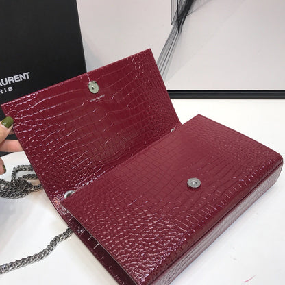 YSSL Kate Medium Chain Bag With Tassel In Embossed Crocodile Burgundy For Women 9.4in/24cm YSL