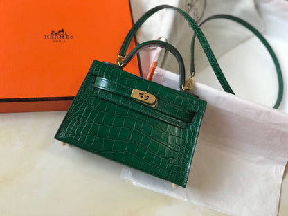 HM Mini Kelly 19 Green Crocodile Bag For Women, Handbags, Shoulder Bags 7.5in/19cm