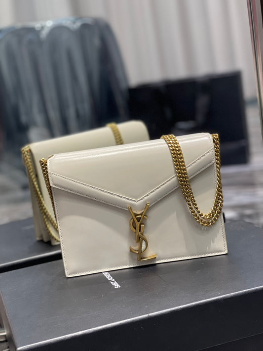 YSSL Cassandra Medium Chain Bag White In Grain De Poudre Embossed For Women 8.6in/22cm YSL 532750BOW0W9207