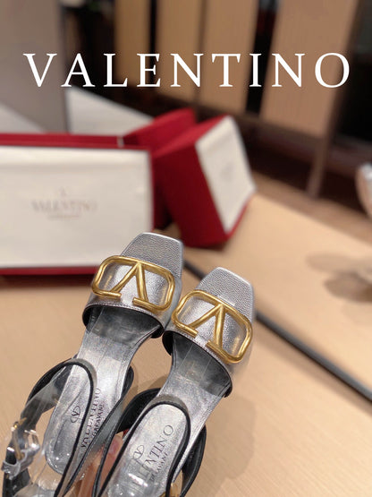 Valentino Garavani Strap Heeled Sandals With V Logo Signature Embellishment Silver For Women