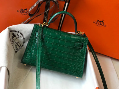 HM Mini Kelly 19 Green Crocodile Bag For Women, Handbags, Shoulder Bags 7.5in/19cm