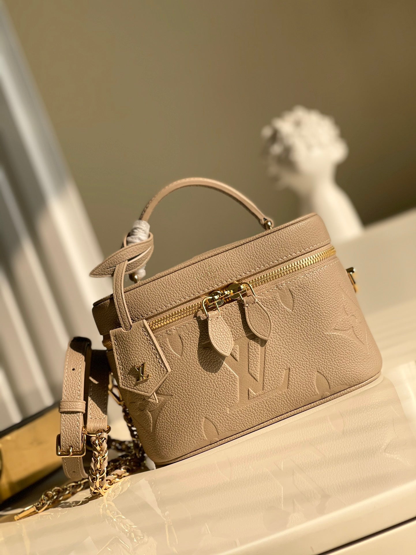 LV Vanity PM Handbag Monogram Empreinte Tourterelle Beige For Women, Women’s Handbags, Shoulder And Crossbody Bags 7.5in/19cm LV M45608