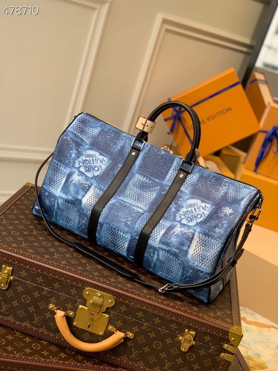 LV Keepall Bandouliere 50 Damier Salt Canvas Ocean Blue For Men, Bags, Travel Bags 19.7in/50cm LV N50059