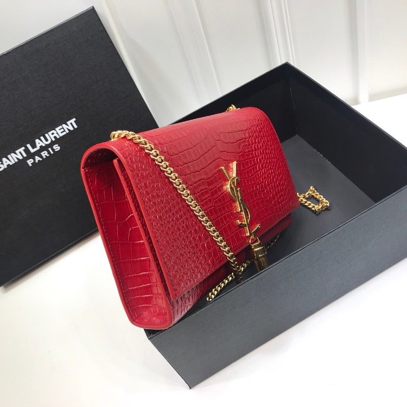 YSSL Kate Medium Chain Bag With Tassel In Embossed Crocodile Red For Women 9.4in/24cm YSL