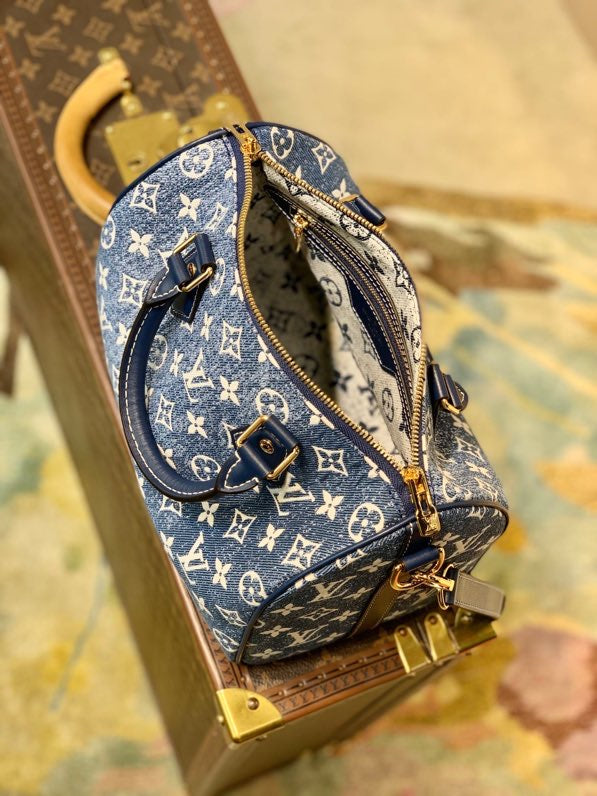 LV Speedy Bandouliere 25 Monogram Denim Jacquard Navy Blue For Women, WoHandbags 9.8in/25cm LV M59609