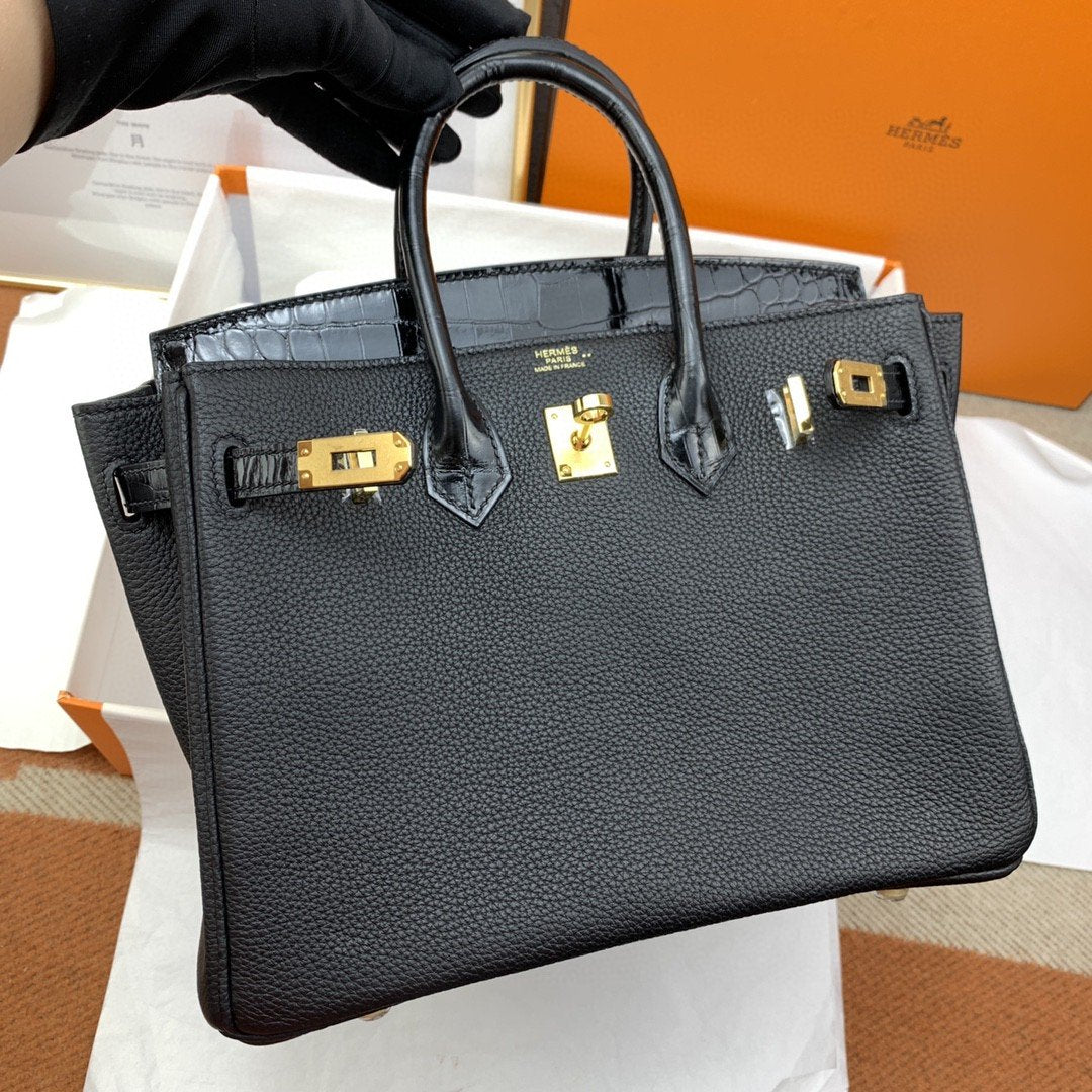 HM Birkin Nata Swift Black For Women Gold Toned Hardware 10in/25cm