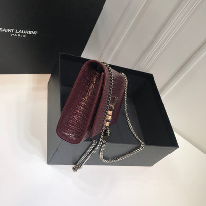 YSSL Kate Medium Chain Bag With Tassel In Embossed Crocodile Dark Violet For Women 9.4in/24cm YSL