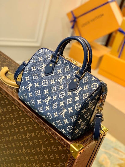 LV Speedy Bandouliere 25 Monogram Denim Jacquard Navy Blue For Women, WoHandbags 9.8in/25cm LV M59609