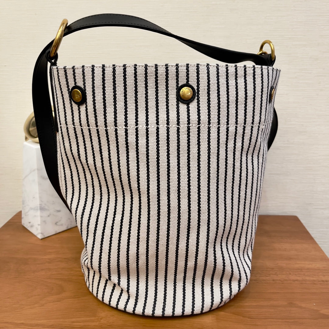 YSSL Rive Gauche Bucket Bag In Striped Canvas For Women 11.8in/30cm Black And White YSL 669299FAAE59583