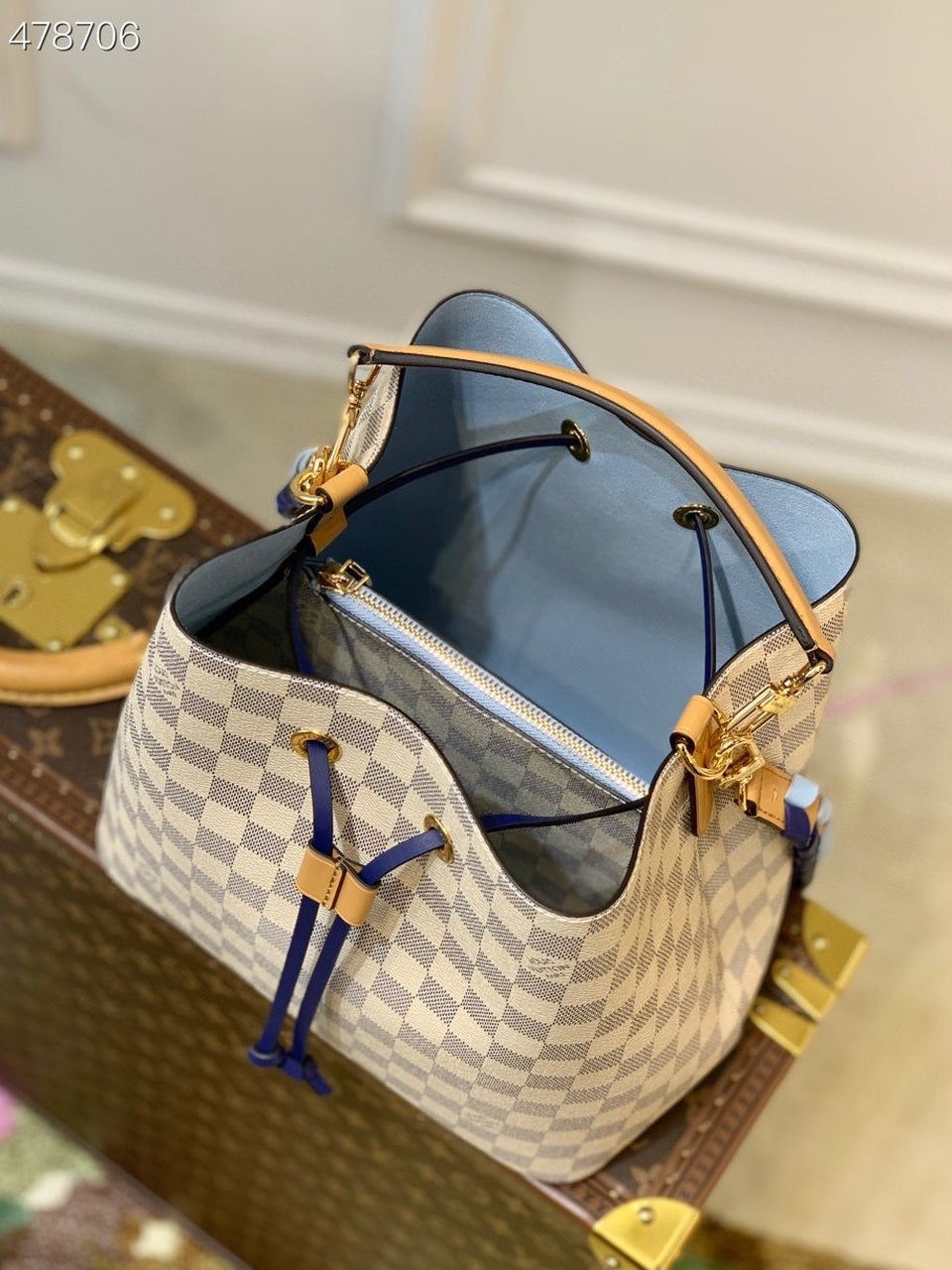 LV NeoNoe Bucket Bag MM Damier Azur Canvas 10.2in/26cm Blue For Women LV N50042