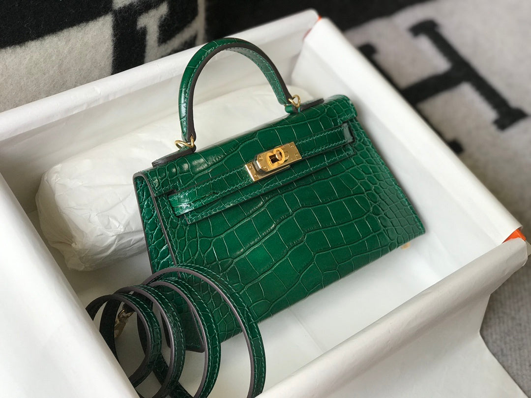 HM Mini Kelly 19 Green Crocodile Bag For Women, Handbags, Shoulder Bag 7.5in/19cm