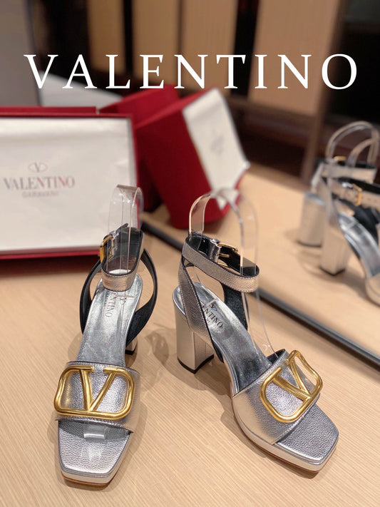 Valentino Garavani Strap Heeled Sandals With V Logo Signature Embellishment Silver For Women