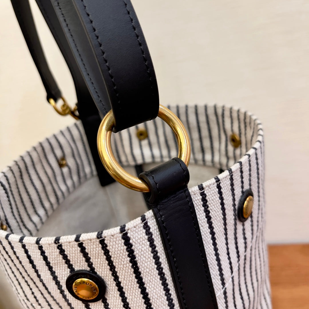 YSSL Rive Gauche Bucket Bag In Striped Canvas For Women 11.8in/30cm Black And White YSL 669299FAAE59583