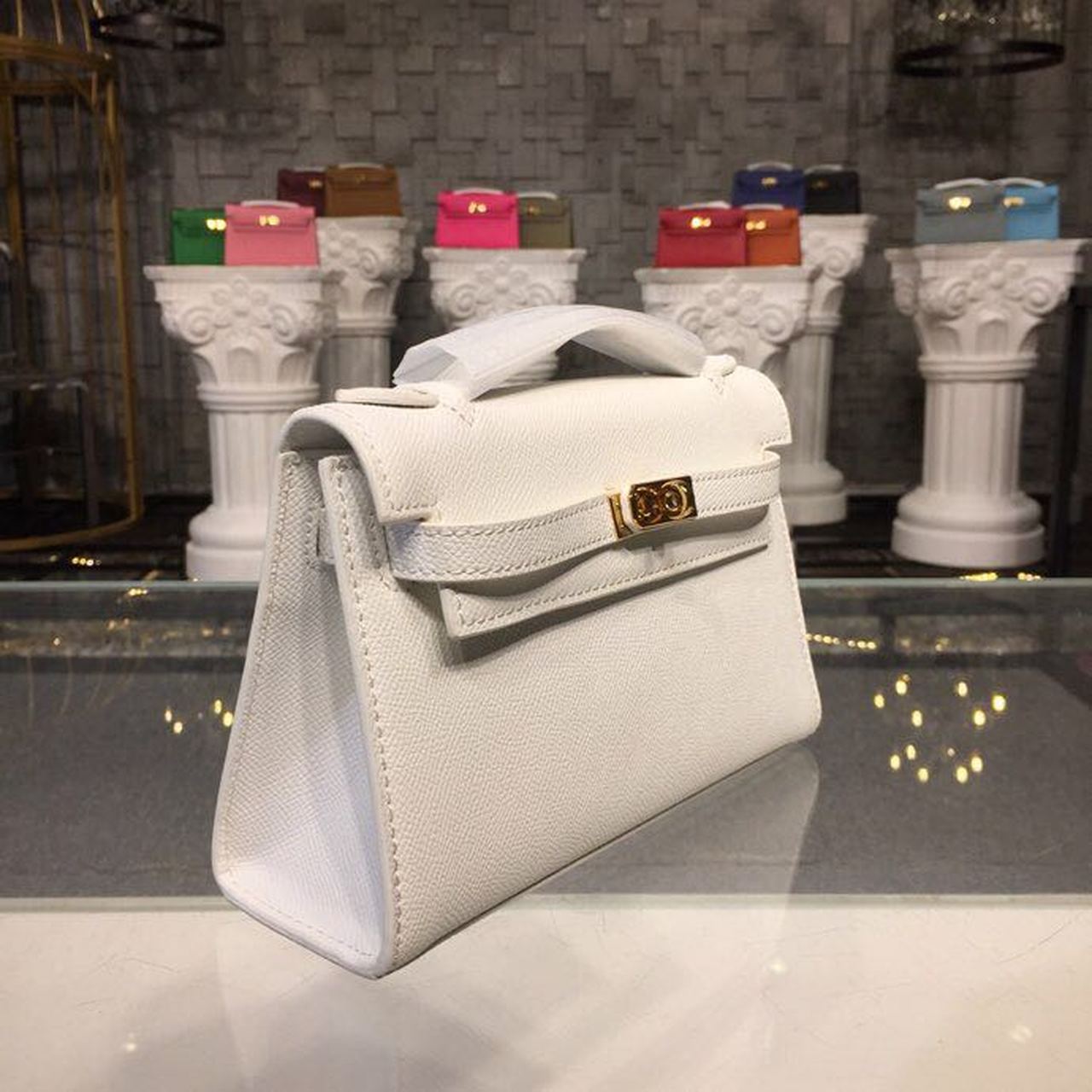 HM Mini Kelly KP Pochette White For Women Gold Toned Hardware 8.7in/22cm