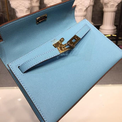 HM Mini Kelly KP Pochette Blue For Women Gold Toned Hardware 8.7in/22cm