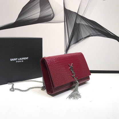 YSSL Kate Medium Chain Bag With Tassel In Embossed Crocodile Burgundy For Women 9.4in/24cm YSL