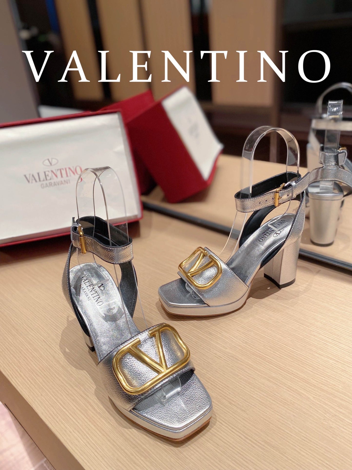 Valentino Garavani Strap Heeled Sandals With V Logo Signature Embellishment Silver For Women