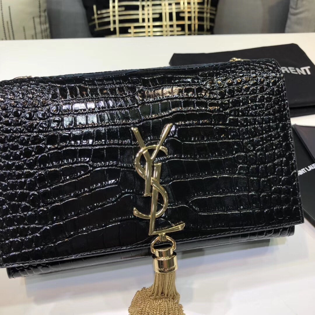 YSSL Kate Small Chain Bag With Tassel In Embossed Black For Women 7.8in/20cm YSL 474366DND0J1000