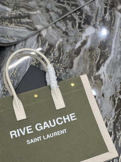 YSSL Rive Gauche Small Tote Bag In Linen Military Green For Women 15.4in/39cm YSL 617481FAADI3281