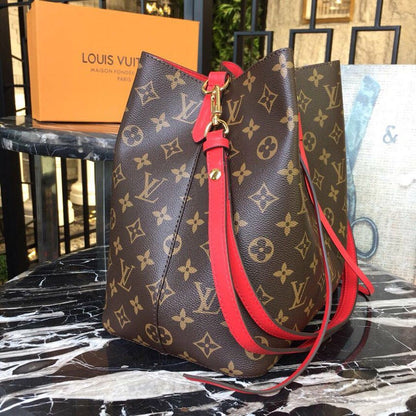 LV NeoNoe MM Bucket Bag Monogram Canvas Coquelicot Red For Women, Women’s Handbags, Shoulder And Crossbody Bags 10.2in/26cm LV M44021